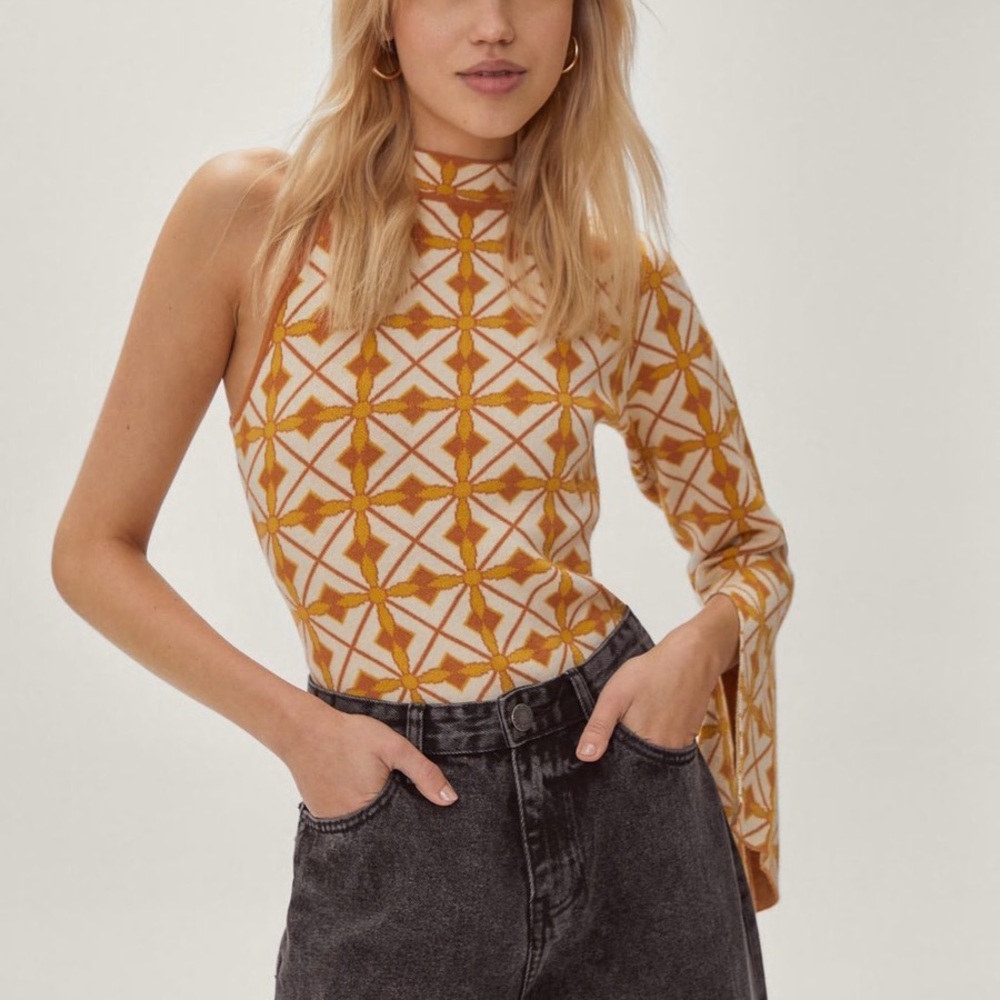 Nasty Gal — Vintage Pattern One Shoulder Knitted Bodysuit